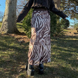 Jupe midi imprimée vagues marron Getadme - Style vintage années 90, taille haute, longueur cheville, esthétique streetwear Y2K, coupe moulante coréenne