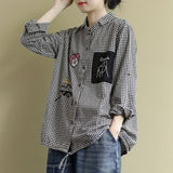 Women Casual Shirt New  Korean Style Vintage Plaid Cartoon Embroidery Oversized Female Woman Blouses Shirts P1278