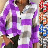 Getadme Women Turn Down Collar Check Plaid Buttons Shirt Top Long Sleeve Loose Blouse