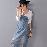 Getadme-Fashion Maxi Denim Dress Summer Ladies Suspenders Holes Jean Dresses Female Loose Bib Blue cowboy Long Dress