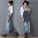 Getadme-Fashion Maxi Denim Dress Summer Ladies Suspenders Holes Jean Dresses Female Loose Bib Blue cowboy Long Dress
