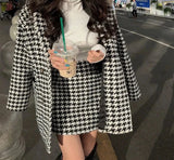 봄 가을 하운드투스 프린트 코트 여성+스커트 투피스 세트 여성 신상 턴다운 칼라 싱글 브레스트 스트리트 코트 슈트