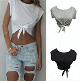 Getadme 2 Summer Knotted Tie Front Crop Tops Women Cropped T Shirt Casual Tanks Camis Casual O Neck Short Sleeve Solid Tees