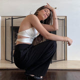 Sexy Halter Lace-up Camis White Satin Sleeveless V-neck Cropped Tops Y2K Summer Clothing E-girl Backless Top Women Streetwear