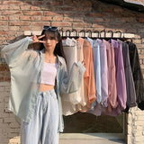 Getadme-Shirt for Women Blouse Long Sleeve Female Chiffon Loose Tops Summer Cardigan Thin Sexy Solid Color Casual Shirts
