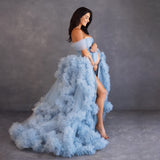 Getadme Light Sky Blue Prom Dresses Women Tiered Ruffles Evening Gown Front Split Flowy Maternity Photoshoot Dress robes soirées