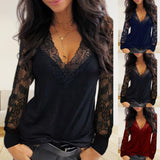 Sexy Women Blouse Deep V Neck Lace Trim See Through Polyester Long Sleeve shirt Blouse Top Women's Clothing женская одежда 2021