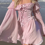 Getadme-Beach Style Vintage Chiffon Dress With Corset Bandage Hollow Out Bustier Prairie Chic Flare Sleeve Dresses 2 Pieces Set