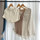 Getadme Summer Women Three Piece Sets Casual Linen Plaid Long Sleeve Tops + Elastic Waist Belt Wide Leg Shorts Vest Suits