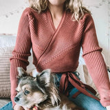 Getadme-Autumn Winter Knitted Sweater Women V-neck Slim Pullovers Sweater Ladies Wrap Sweaters Female Casual Sweater Jumper