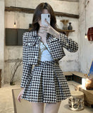 Getadme Temperament Matching Sets Retro O Tweed Plaid Jacket Short Long Sleeve Cardigan Slim Top Mini Houndstooth Pleated Skirt Chic