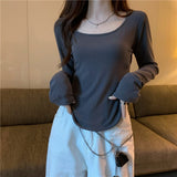 Getadme Women Long Sleeve Square Neck T-Shirt Spring And Autumn New Irregular Hem Slim Casual Top Girl Bottom Shirts