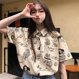 Getadme-Blouse Women Shirts Turn-down Collar Short Sleeve Printed Retro Single-breasted Loose Harajuku Students Streetwear BF Casual New