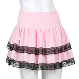 Getadme-Y2K Harajuku Black Lace Trim Pink Pleated Skirt Women Preppy Style Kawaii High Waisted Double Layer Short Skirts Ladies Clothes