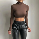 Getadme-Basic Sheath Women Solid Turtleneck Tshirt Autumn Stretch Casual Undershirt Female All-match Street Activity Crop Tops