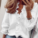 Getadme Elegant White Ruffle Blouse Shirts Women Autumn Spring Long Sleeve V-Neck Pullover Tops Office Lady Casual Plain Plus Size blusa