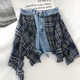 Getadme S-5XL New Korean fashion design sense color matching lattice stitching high waist fake two pieces wide leg denim skirt  shorts