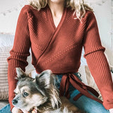 Getadme-Autumn Winter Knitted Sweater Women V-neck Slim Pullovers Sweater Ladies Wrap Sweaters Female Casual Sweater Jumper