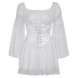 Getadme-Beach Style Vintage Chiffon Dress With Corset Bandage Hollow Out Bustier Prairie Chic Flare Sleeve Dresses 2 Pieces Set