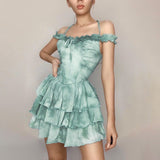 Getadme Fashion Halter Off the Shoulder Ruffles Short Dresses Y2K Streetwear Party Club Strapled Mini Dress Green A-line Dress