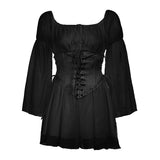 Getadme-Beach Style Vintage Chiffon Dress With Corset Bandage Hollow Out Bustier Prairie Chic Flare Sleeve Dresses 2 Pieces Set