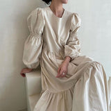 Getadme  Ruffle Design Loose Solid Long Sleeve Maxi Dresses for Women Vintage Korean Fashion Clothing Chic Retro Minimalist Style O Neck