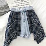 Getadme S-5XL New Korean fashion design sense color matching lattice stitching high waist fake two pieces wide leg denim skirt  shorts
