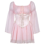 Getadme-Beach Style Vintage Chiffon Dress With Corset Bandage Hollow Out Bustier Prairie Chic Flare Sleeve Dresses 2 Pieces Set