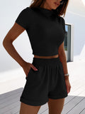 Getadme-2 Piece Set Women Summer O-Neck Casual Crop Top  Female Clothing Tracksuit Pockets Loose Shorts Two Piece