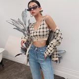 Retro style sexy short suspenders + plaid knitted jacket two-piece women 2020 spring and autumn fashion suit