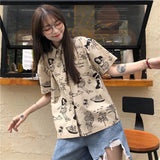 Getadme-Blouse Women Shirts Turn-down Collar Short Sleeve Printed Retro Single-breasted Loose Harajuku Students Streetwear BF Casual New