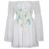 Getadme-Beach Style Vintage Chiffon Dress With Corset Bandage Hollow Out Bustier Prairie Chic Flare Sleeve Dresses 2 Pieces Set