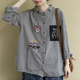 Women Casual Shirt New  Korean Style Vintage Plaid Cartoon Embroidery Oversized Female Woman Blouses Shirts P1278