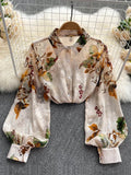 GETADME Spring Autumn Temperament Fashion Retro Chiffon Floral Blouses Print Loose Lapel Puff Sleeve Top Button Up Shirt Female