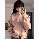 Getadme-Vintage Y2k Pink Suede Jacket Women Korean Fashion Streetwear Cropped Bomber Jackets Japanese Style College Spring Coat
