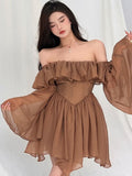 Getadme  Holiday Irregular Long Sleeve Beach dress summer Ruffle sexy Off Shoulder female high waist chic women short dresses  Sundress