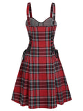 Vintage Casual Women Plaid Plunge Front Ladder Cut Mini Dress Spaghetti Strap Vacation Fashion Party Dress Robe