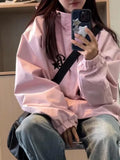 HOUZHOU Korean Style Gorpcore Pink Track Jackets Women Hippie Y2K Oversize Zipper Windbreaker Jacket Harajuku Streetwear Outwear
