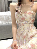 Women Summer Oil Panting Print Floral Midi Dress Vintage Female Strapless Party Camisole Dress Lady Boho Vestido robe платье