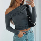 T-shirts froncés à épaules dénudées pour femmes, chemises décontractées unies à manches longues, hauts courts, streetwear, vêtements de club, pulls plissés sexy