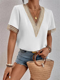 Getadme-Women's V-neck Splicing Lace Blouse Elegant Commuter Loose Short Sleeve Shirt Female 2023 Summer British Style Daily Casual Tops