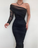 Sexy Dress Diagonal Collar Wrap Mesh Long Dresses Women One Shoulder Sleeve Waist Solid Party Dress