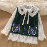 Chemisier Kawaii Lolita Femme Rétro Broderie Fleurie Manches Longues JK Haut Fille Harajuku Col Peter Pan Chemisier Blanc Élégant