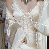 Getadme Women Retro Silky Nightdress Sweet French Vintage Leisure Sleepwear Skin-friendly Comfy Nightgowns Home Dressing Gown