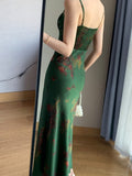 Robe longue élégante à bretelles spaghetti et imprimé floral, sans manches, moulante, style vintage, en satin, pour femme.