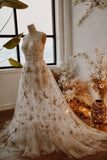 Getadme Elegant Lvory Tulle Boho Wedding Dresses 2022 Golden Celestial Star Bohemian V-neck Illusion A-line Formal Evening Prom Gowns