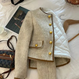 MEXZT Vintage Cropped Blazer Women Korean Short Tweed Jacket Office Lady Elegant Thicken Quilted Single Breasted Outerwear Tops