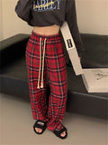 QWEEK Korean Fashion Red Plaid Pants Women Y2K Vintage Green Oversized Wide Leg Checkered Trousers Harajuku Jogging Sweatpants
