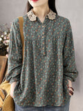 Getadme Women Long Sleeve Casual Shirts New Spring Vintage Style Lace Collar Floral Print Loose Female Cotton Tops Shirt