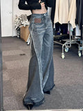 Getadme Women's Vintage Washed Color Block Jeans Oversized Street Loose High Waist Jeans Fashion Korean Casual Y2K Wide Leg Pants